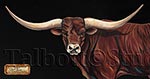 Don't Call Me Buttercup, 40 x 16 original oil painting of a longhorn bull by Eugenia Talbott Adderson. Entitled Don't Call Me Buttercup by PRCA Hall of Fame bull rider Charles Sampson. The painting was sold and is now offered in limited edition giclee prints on canvas in the same size as the original and 26 x 10.