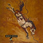 Lunatic Fringe, original oil painting of the legendary saddle bronc by Eugenia Talbott Adderson. The painting was commissioned by the future father-in-law of Matt Burch, co-owner of Burch Rodeo Company and Lunatic Fringe. Lunatic Fringe retired from rodeo in 2016.