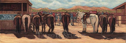 'Waiting for the Short-Go' depicts the horses of the team ropers who have made the last round to determine the champions. I'm always in awe of the horses and what athletes they are-one minute horse and rider racing after the steer in breakneck speeds, then calmly waiting until they are called upon again. - Eugenia Talbott Adderson, Talbott Studios. Premium quality limited edition reproductions are available.