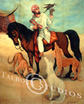 Falconer, painting of an Arab falconer mounted on an Arabian horse, with falcon and Saluki dogs.