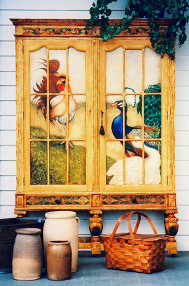 Eugenia Talbott original hand painted antique hutch with faux finishes, decorative accents and artwork featuring a rooster, peacock and goose, from her collection of one of a kind art, decor and furnishings for the home. This exciting piece has been sold - Custom orders are gladly accepted.
