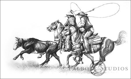 Arizona Ropers, original graphite drawing of a team of calf ropers in action by Eugenia Talbott