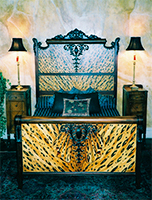 Hand Painted Antique Bed by Eugenia Talbott: original hand painted antique bed in a leopard pattern, from her collection of one of a kind art, decor and furnishings for the home. This exciting piece has been sold - Custom orders are gladly accepted.