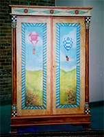 Hand Painted Balloon Armoire by Eugenia Talbott: original hand painted contemporary entertainment armoire with faux finishes, decorative accents and artwork of hot air balloons, from her collection of one of a kind art, decor and furnishings for the home. This exciting piece has been sold - Custom orders are gladly accepted.