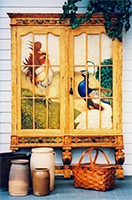 Antique Hutch, Hand Painted with Birds by Eugenia Talbott: original hand painted antique hutch with faux finishes, decorative accents and artwork featuring a rooster, peacock and goose, from her collection of one of a kind art, decor and furnishings for the home. This exciting piece has been sold - Custom orders are gladly accepted.