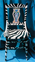 Zebra Pattern Hand Painted Chair by Eugenia Talbott: Original hand painted antique chair in a zebra pattern with additional details in an African motif on front and back, from her collection of one of a kind art, decor and furnishings for the home. This exciting piece is available! Custom orders are gladly accepted.