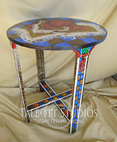 Vintage Table with a hand painted fringed scarf motif: 24 inch diameter top, 29 inches high. Custom orders are gladly accepted. Custom orders are gladly accepted.