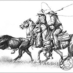 Arizona Ropers, original graphite drawing of a team of calf ropers in action by Eugenia Talbott