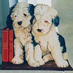 Free standing painting of Sheepdog puppies, painted on wood.
