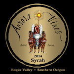 Wine label for 2014 Syrah produced by Aurora Vineyards by Eugenia Talbott.